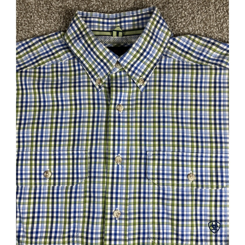 Ariat Pro Series Gingham Check Shirt‎ Men's Size Medium Green Blue Long Sleeve